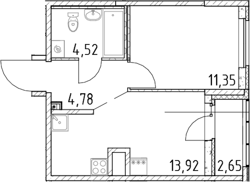 1-комнатная квартира 34.57 м², 16/23 эт., ЖК «Город Первых»